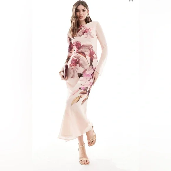 ASOS Dresses Asos Long Sleeve Cream Maxi Dress With Pink